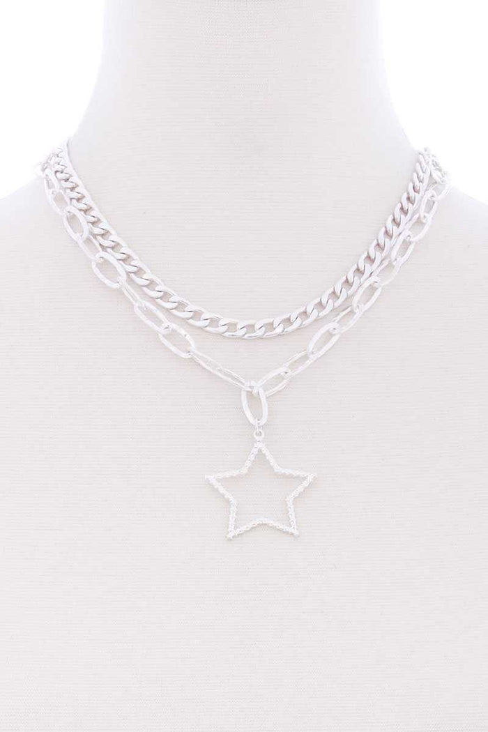 Chunky 2 Layered Chain Star Pendant Metal Necklace