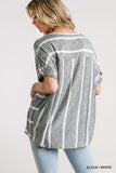 Horizontal And Vertical Striped Short Folded Sleeve Top With High Low Hem