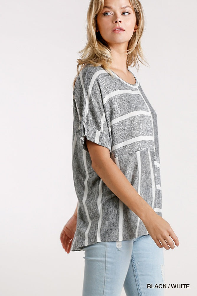 Horizontal And Vertical Striped Short Folded Sleeve Top With High Low Hem