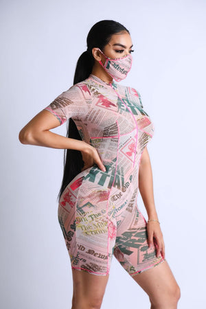 Printed Mesh Romper With Stitching Detail With Mask