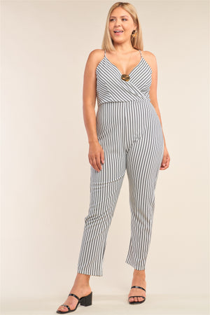 Plus Size Black&white Striped Wrap Sleeveless Criss-cross Strap Deep Plunge V-neck Jumpsuit