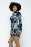 Tie Dyed Mock Neck Long-sleeve Cropped Top And Mini Skirt Set