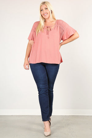 Plus Size Solid Top With A Necktie, Pleated Detail, And Flutter Sleeves