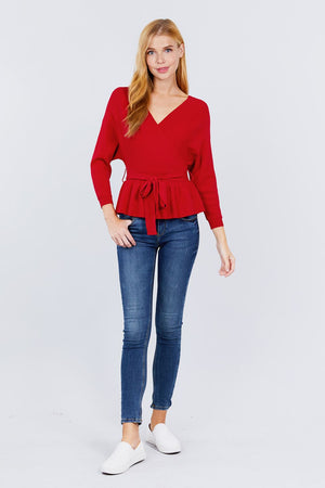 V-neck Wrapped Waist Band Sweater