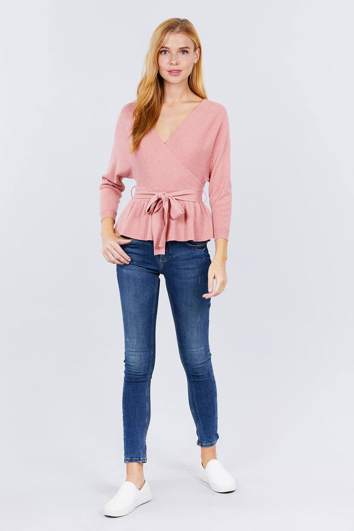 V-neck Wrapped Waist Band Sweater