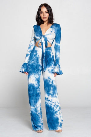 Tie Dye Fronttie Top And Wide Leg Pants Set