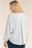 Plus Size White Open Front Relaxed Fit Self-tie Bottom Hem Long Sleeve Collared Shirt Top