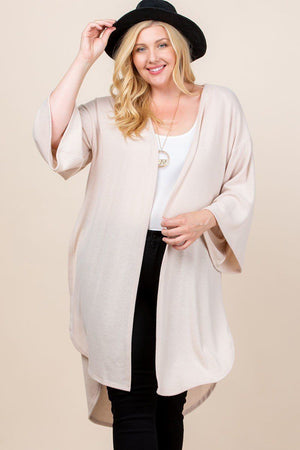 Plus Size Solid Hacci Brush Open Front Long Cardigan With Bell Sleeves