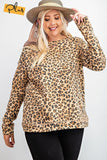 Long Sleeve Leopard Printed Terry Knit Pullover