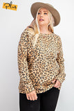 Long Sleeve Leopard Printed Terry Knit Pullover