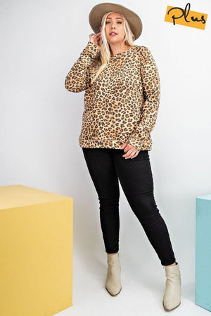 Long Sleeve Leopard Printed Terry Knit Pullover