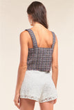 Multicolor Sleeveless Plaid Square Neck Buttoned Trim Cropped Top