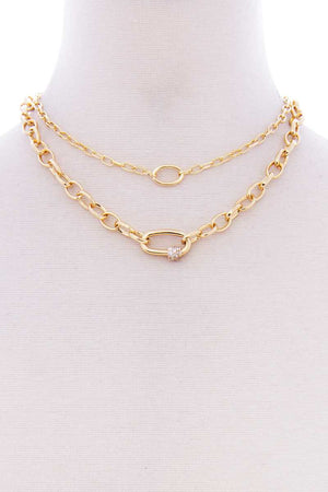 2 Layered Metal Oval Stone Point Chain Necklace