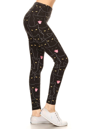 Yoga Style Banded Lined Black Cat Print, Full Length Leggings In A Slim Fitting