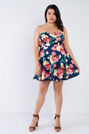 Plus Size Navy Multi Floral Sweetheart Dress