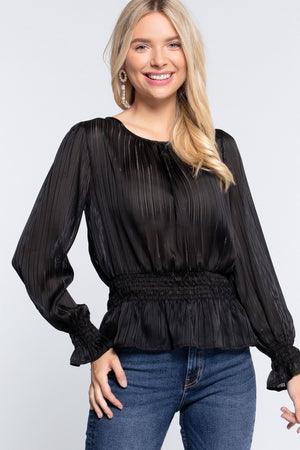 Smocked Ruffle Sleeve Lurex Blouse