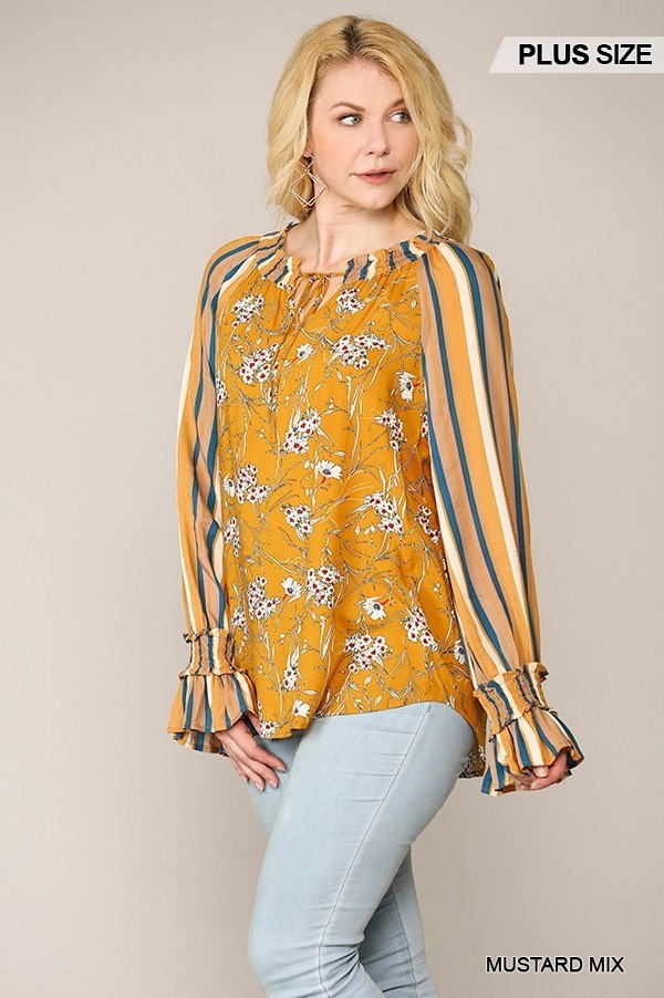 Print Mixed Peasant Smocked Top