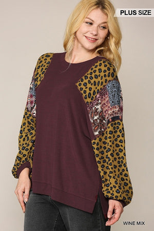 Animal And Paisley Print Mixed Tunic Top With Side Slit