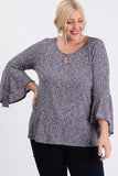 Front Keyhole 2tone Rib Fabric 3/4 Bell Sleeve Top