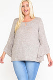 Front Keyhole 2tone Rib Fabric 3/4 Bell Sleeve Top