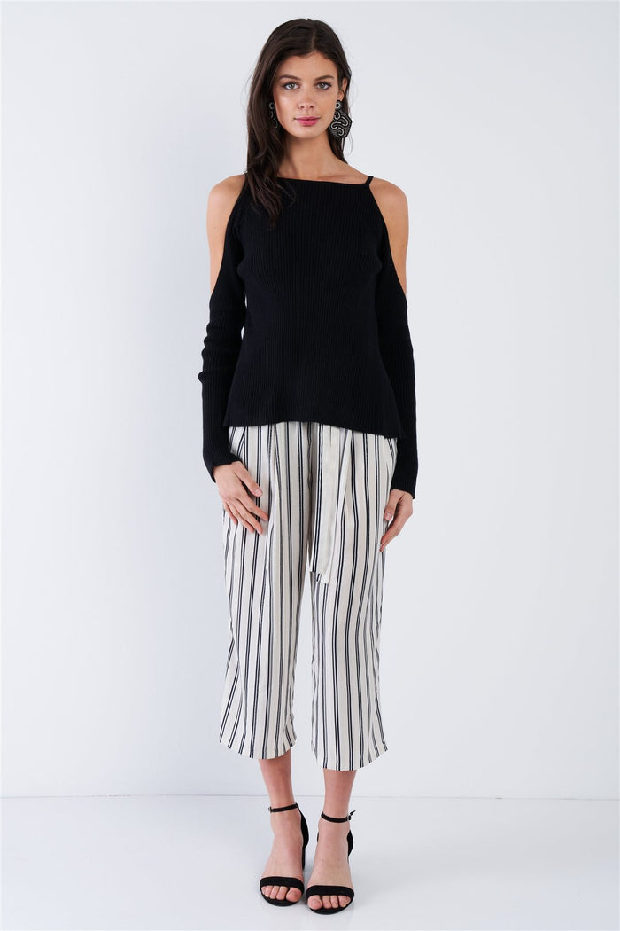 Black Ribbed Off The Shoulder Open Back Causal Top