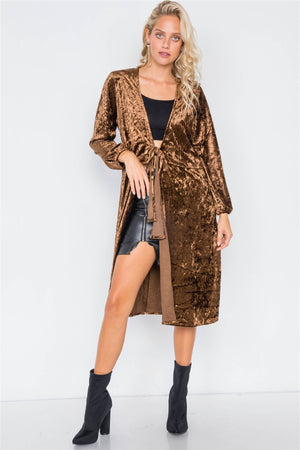 Crushed Velvet Open Front Tie Jacket