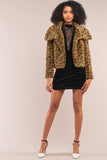 Green Leopard Print Faux Fur Open Front Oversized Collar Jacket