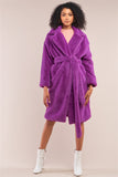 Purple Soft Faux Fur Open Front Detachable Belt Long Sleeve Coat