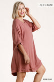 Linen Blend Round Neck Half Sleeve Dress With Chest Pocket And Frayed Edge Detail