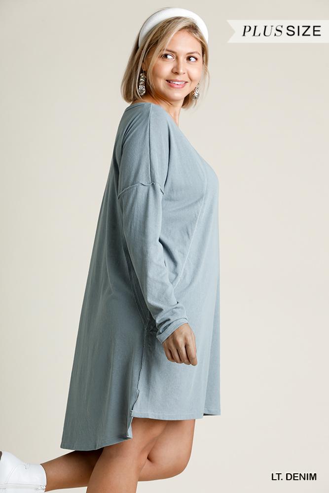 Long Raglan Sleeve Round Neck Raw Edged Detail Dress With Side Slits And Pockets