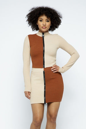 Rib Color Block Mock Neck Long Sleeve High-waist Mini Skirt With Front Zipper Set