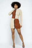 Rib Color Block Mock Neck Long Sleeve High-waist Mini Skirt With Front Zipper Set