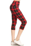 Yoga Style Banded Lined Plaid & Checkered Printed Knit Capri Legging With High Waist