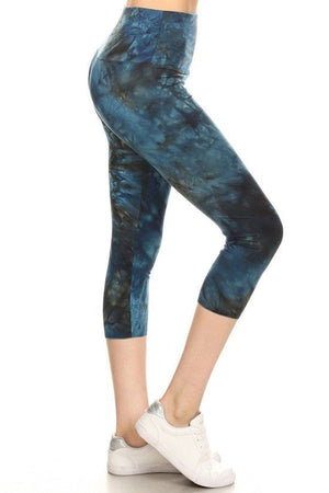 Yoga Style Banded Lined Tie Dye Printed Knit Capri Legging With High Waist.