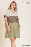 Linen Blend Short Folded Sleeve Animal Print Colorblocked V-neck Dress With Pockets