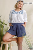 Linen Blend Elastic Waist Ruffle Hem Shorts With Pockets