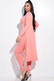 Solid Rib Knit Spaghetti Strap Jumpsuit And Duster Two Piece Set