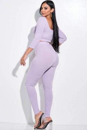 Solid Pointelle Stitch 3/4 Sleeve Scoop Neck Cropped Top And Leggings Two