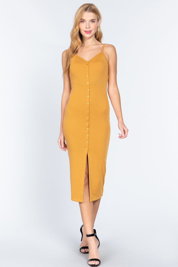 Fron Button Slit Rib Cami Midi Dress