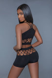 2 pc silk fishnet set that includes a tank crop top with criss-cross cami straps and a pair of high waisted booty shorts