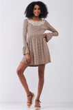 Taupe Horizontal Stripped Embroidery Detail Long Sleeve With Flare Hem Mini Dress