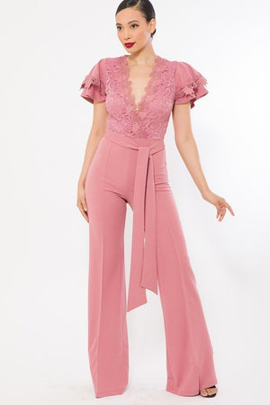 Deep V Crochet Lace Jumpsuit