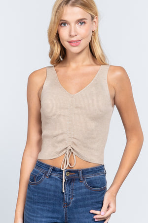 Slvless Shirring Tie Rib Sweater Top