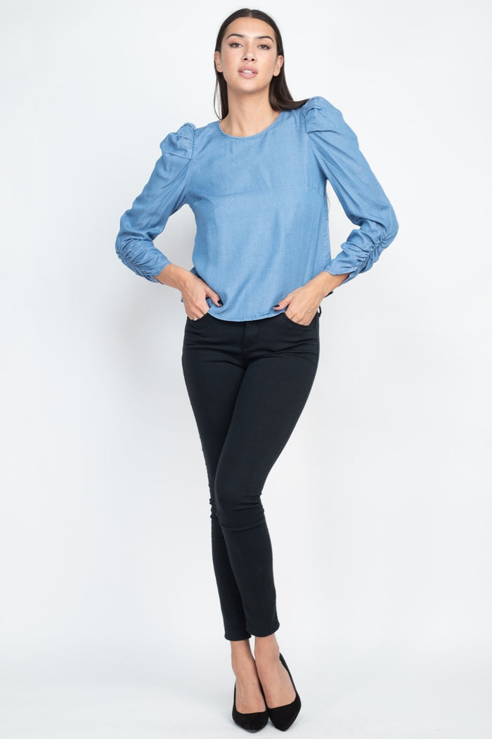 Shirring Puff Sleeves Denim Top