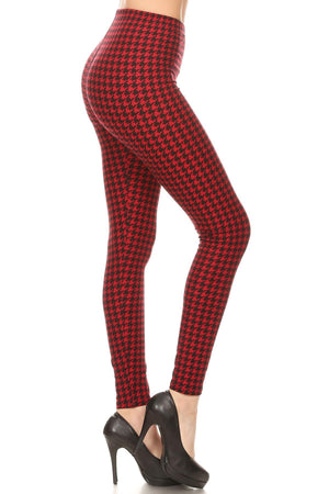 Hounds Tooth Print, High Rise, Fitted Leggings, With An Elastic Waistband