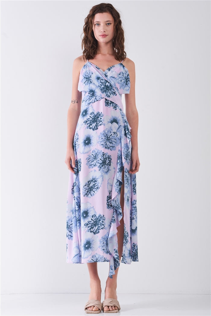 Floral Print Sleeveless Self-tie Wide Wrap Front Ruffle Hem Side Slit Detail Midi Dress