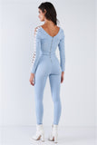 Light Blue Long Sleeved White Side Seam Lace Up V-neck Sexy Denim Jumpsuit