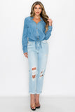 Long Sleeves Waist-tie Denim Top
