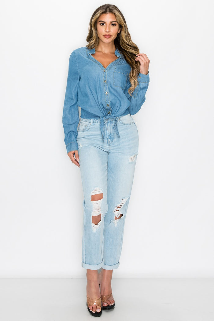 Long Sleeves Waist-tie Denim Top