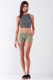 Sage Green Low-rise Rip Trim Denim Mini Shorts